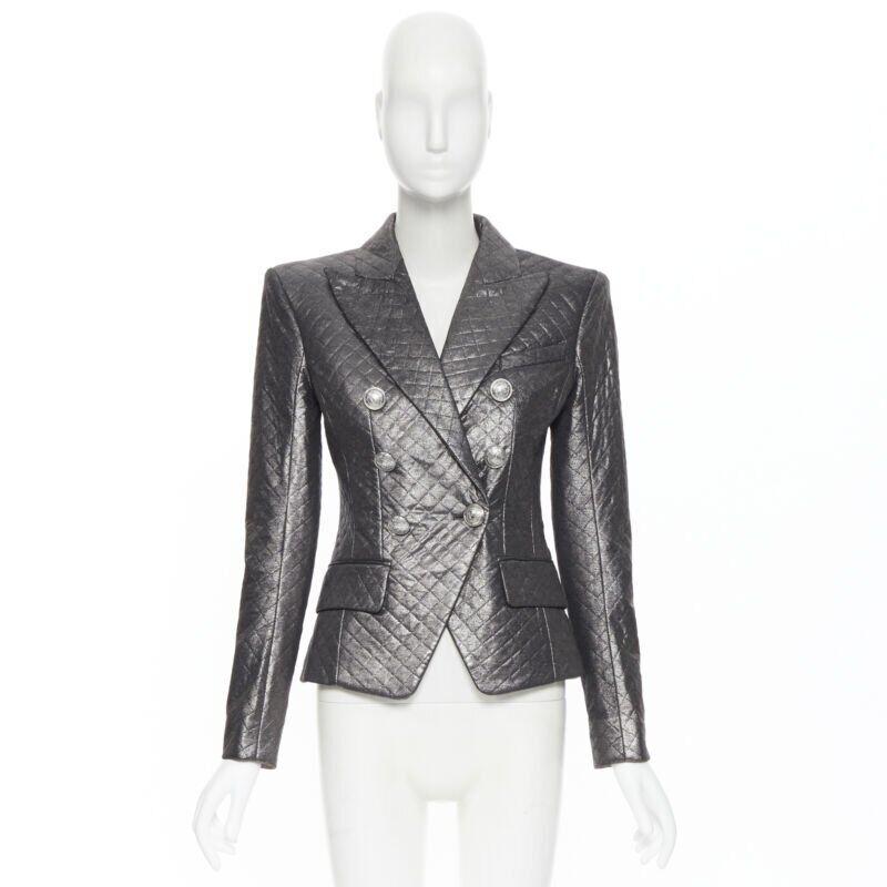 BALMAIN gunmetal silver quilted military double breasted blazer jacket FR36 In New Condition In Hong Kong, NT