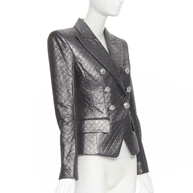 Women's BALMAIN gunmetal silver quilted military double breasted blazer jacket FR36