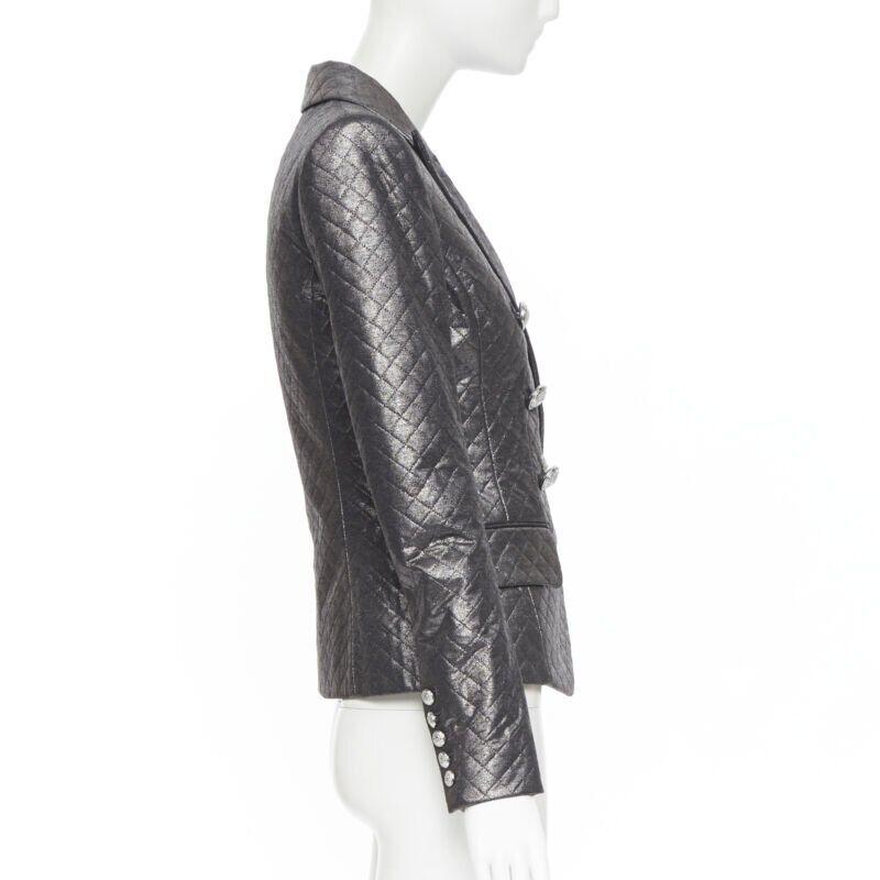 BALMAIN gunmetal silver quilted military double breasted blazer jacket FR36 1