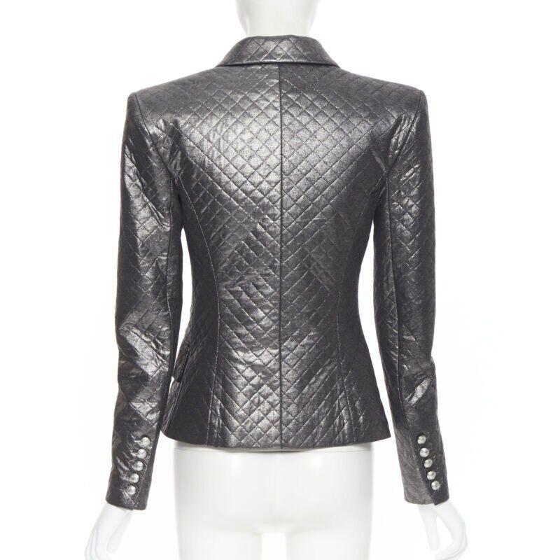BALMAIN gunmetal silver quilted military double breasted blazer jacket FR36 2