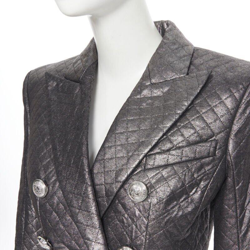 BALMAIN gunmetal silver quilted military double breasted blazer jacket FR36 4