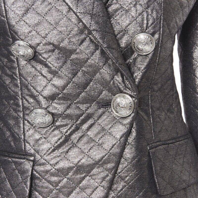BALMAIN gunmetal silver quilted military double breasted blazer jacket FR36 5