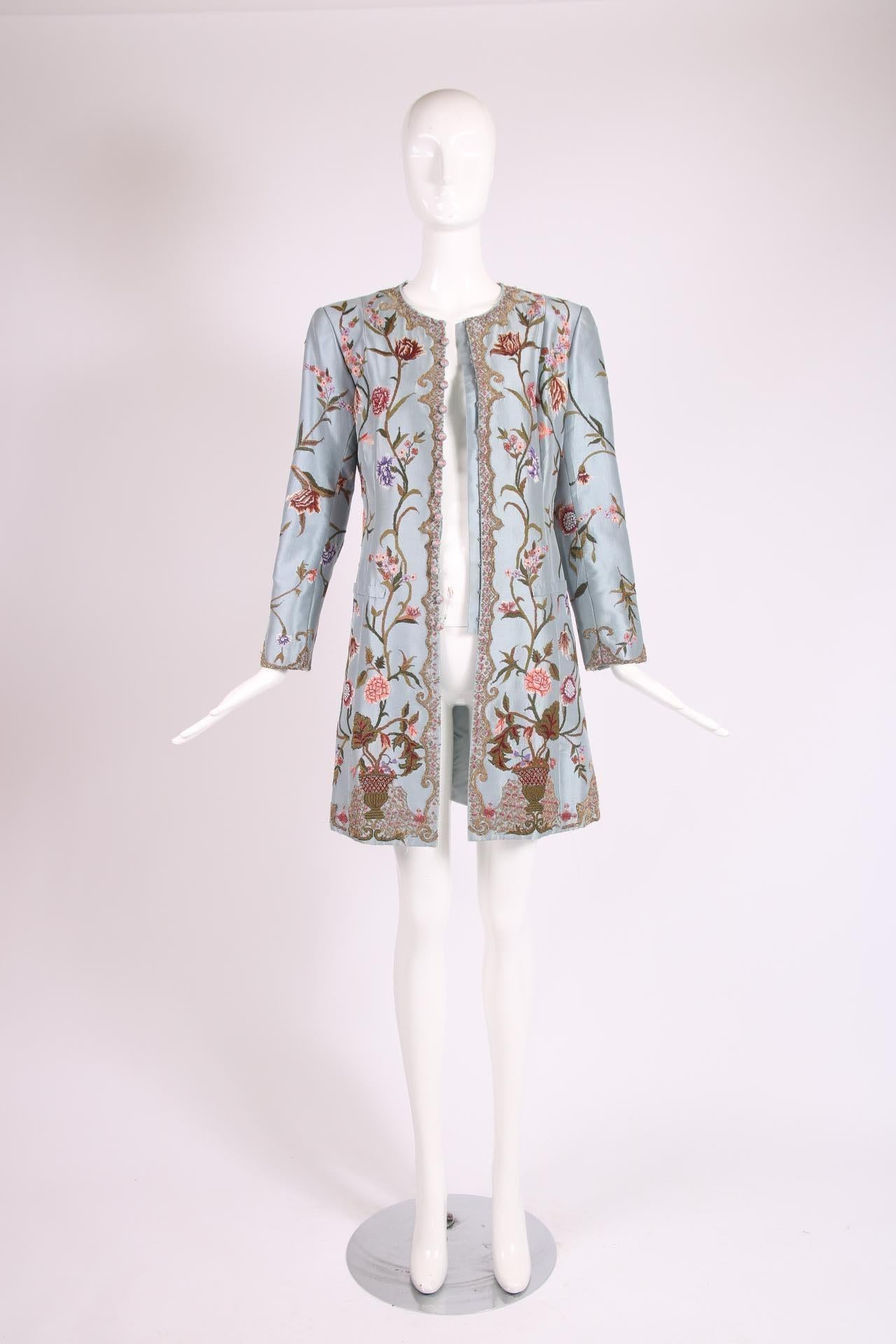 Gray Balmain Haute Couture Light Blue Embroidered Coat w/Floral Theme No.173424