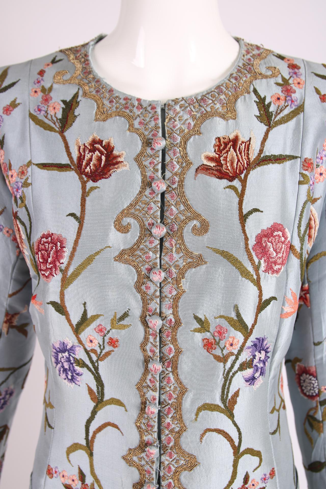 Balmain Haute Couture Light Blue Embroidered Coat w/Floral Theme No.173424 In Good Condition In Studio City, CA