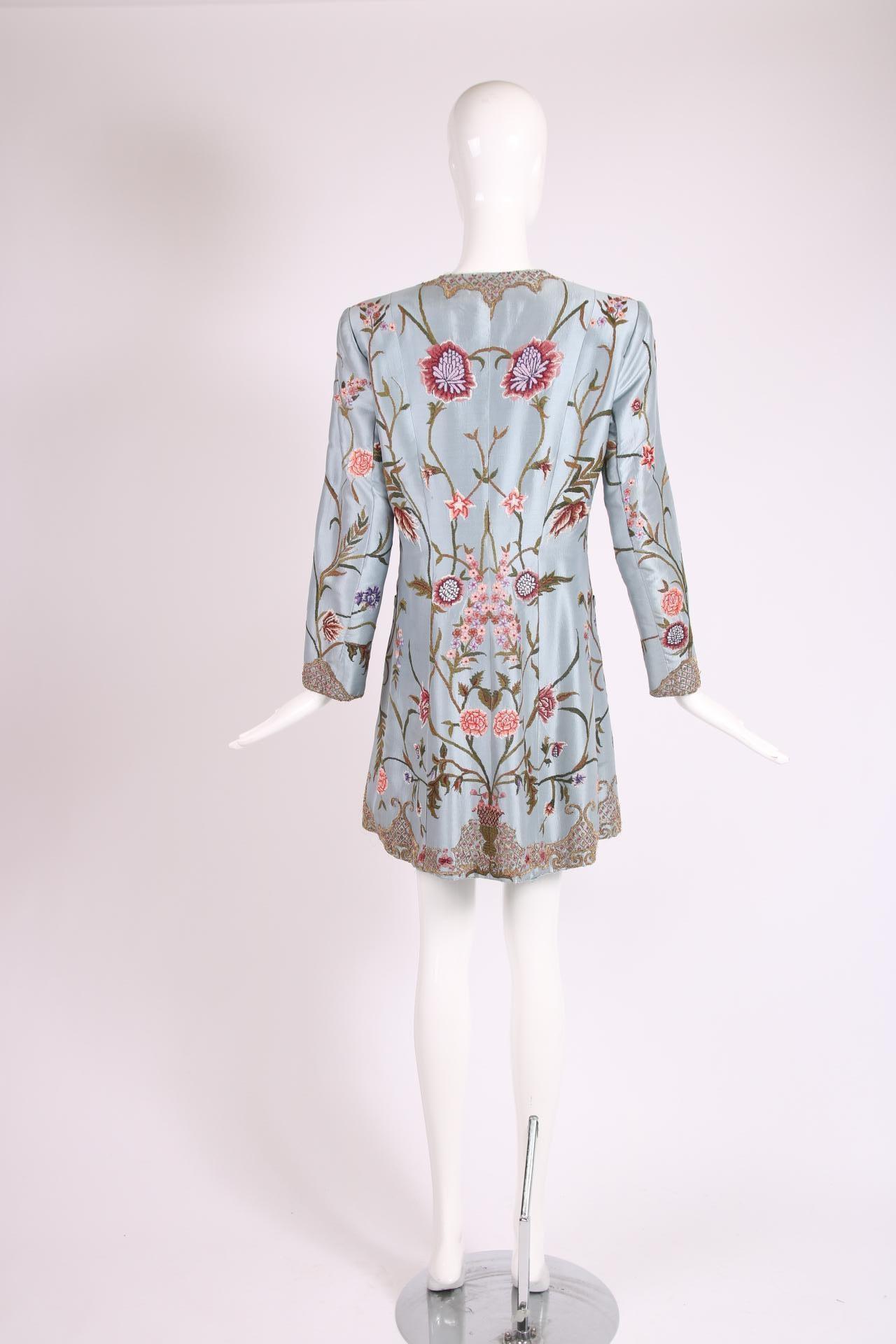 Women's Balmain Haute Couture Light Blue Embroidered Coat w/Floral Theme No.173424