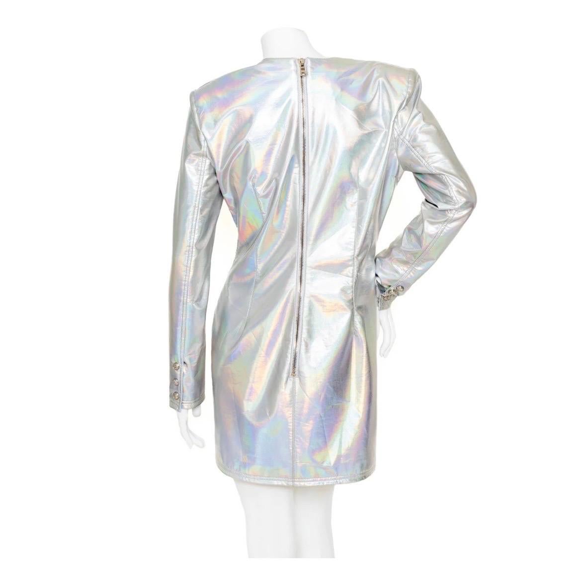 Balmain Holographic Silver Mini Dress In Good Condition In Los Angeles, CA