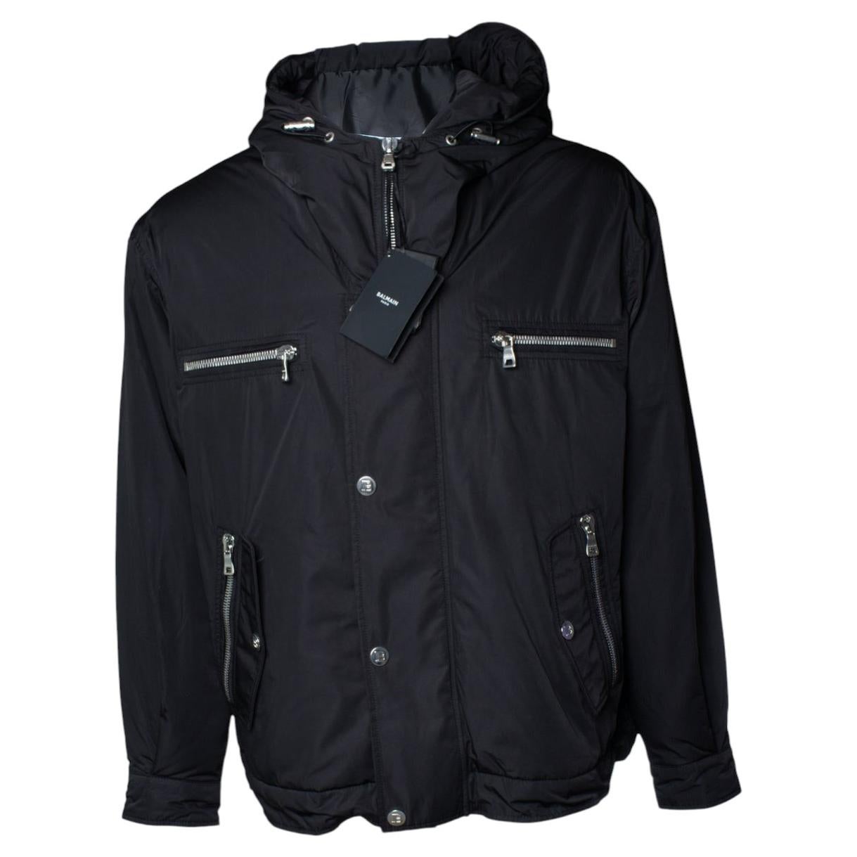 Balmain, hooded bomber jacket in black