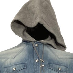Balmain Hooded Jacket in Blue Denim and Grey Cotton