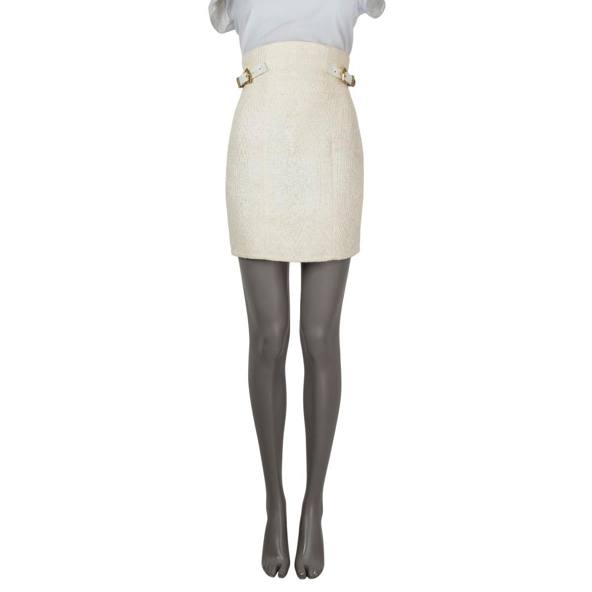 100% authentic Balmain high-waisted skirt in ivory & beige polyurethane (55%), cotton (33%), silk (6%), polyamide (4%) and wool (2%). Lined in viscose (52%) and cupro (48%). Features belted details on the waist line with gold-tone hardware. Has been