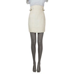 BALMAIN ivory & beige cotton blend BELTED HIGH WAISTED MINI Skirt 36 XS
