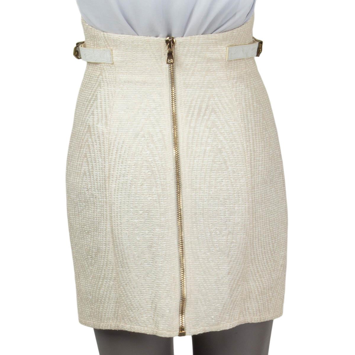 Beige BALMAIN ivory & beige cotton blend BELTED HIGH WAISTED MINI Skirt 36 XS For Sale