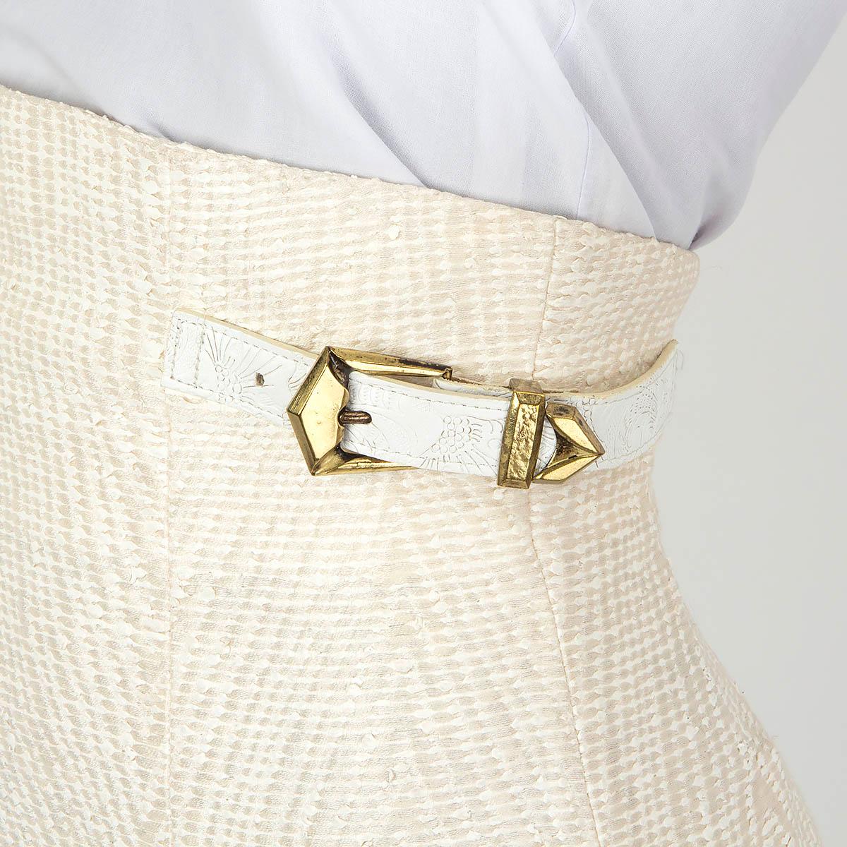 BALMAIN ivory & beige cotton blend BELTED HIGH WAISTED MINI Skirt 36 XS In Excellent Condition For Sale In Zürich, CH