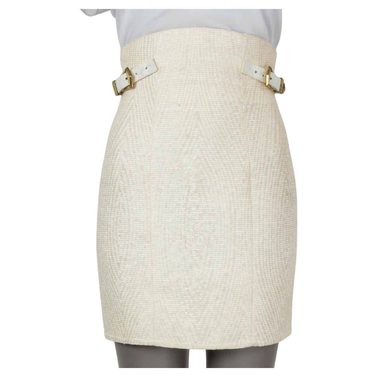 BALMAIN ivory & beige cotton blend BELTED HIGH WAISTED MINI Skirt 36 XS For Sale