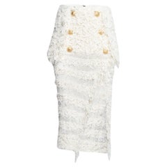 Balmain Ivory Fringed Lurex Knit Cotton Slit Detail Skirt S