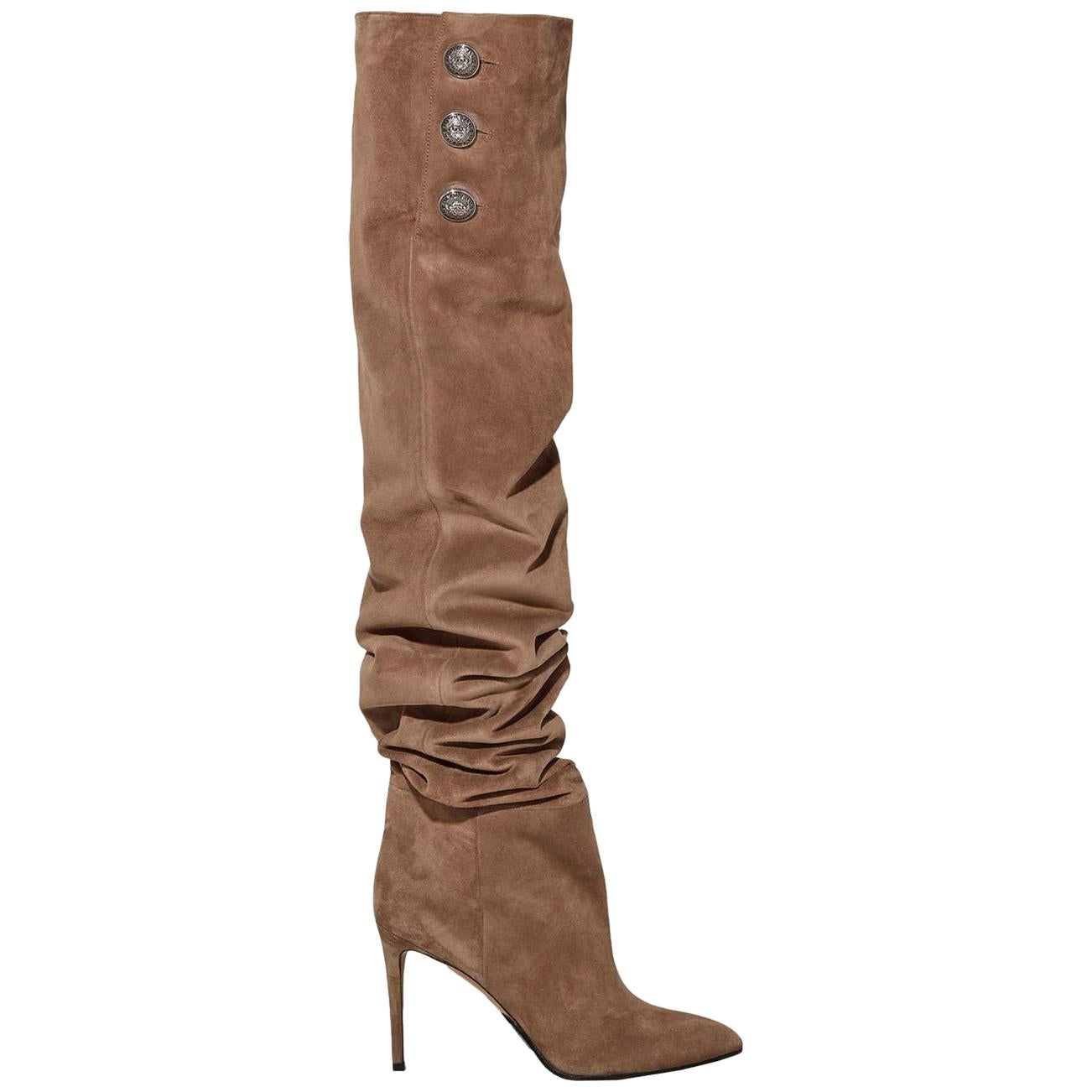 Balmain Janet Button Embellished Suede Thigh High Boots
