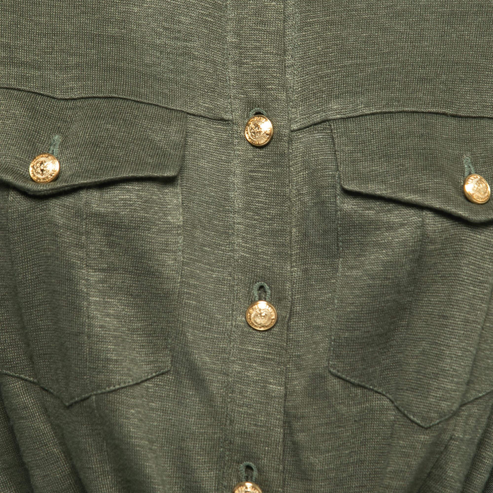 Nero Balmain Kaki Green Knit Button-Embellished Belted Mini Dress M in vendita