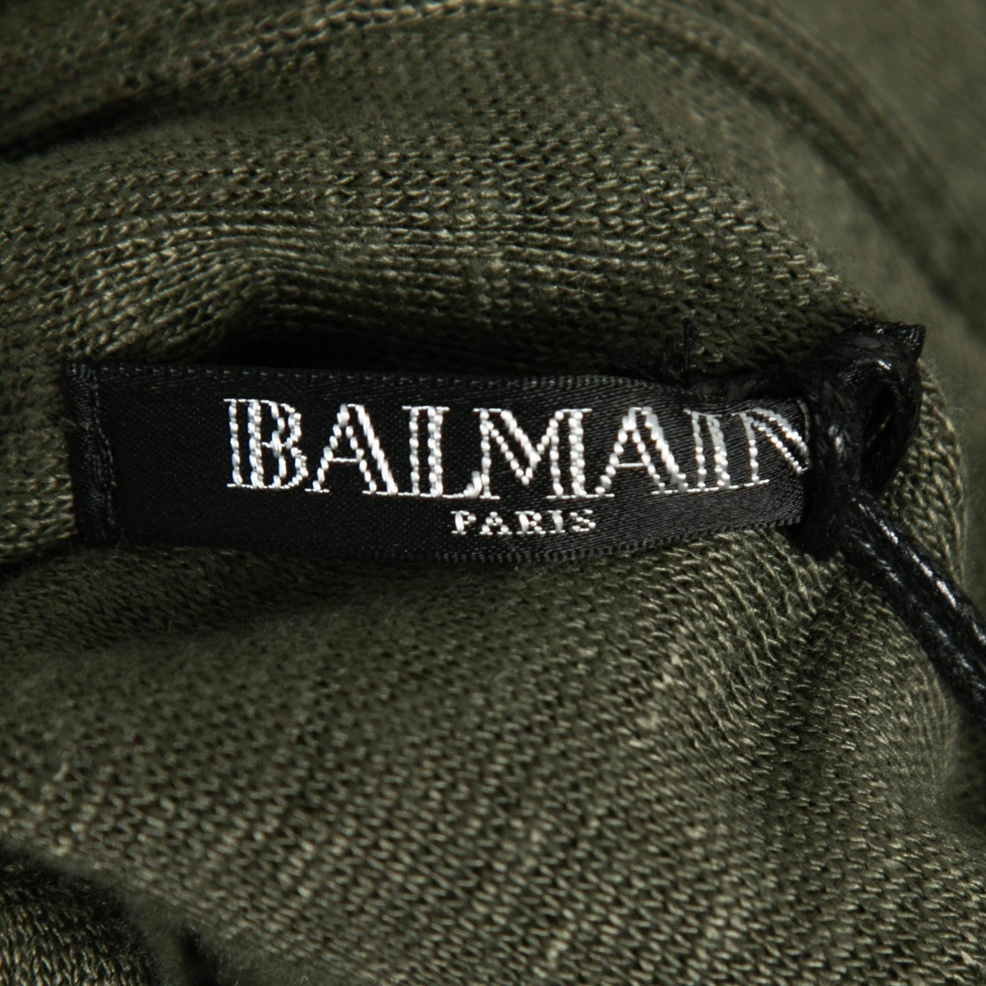 Balmain Kaki Green Knit Button-Embellished Belted Mini Dress M In condizioni Nuovo in vendita a Dubai, Al Qouz 2