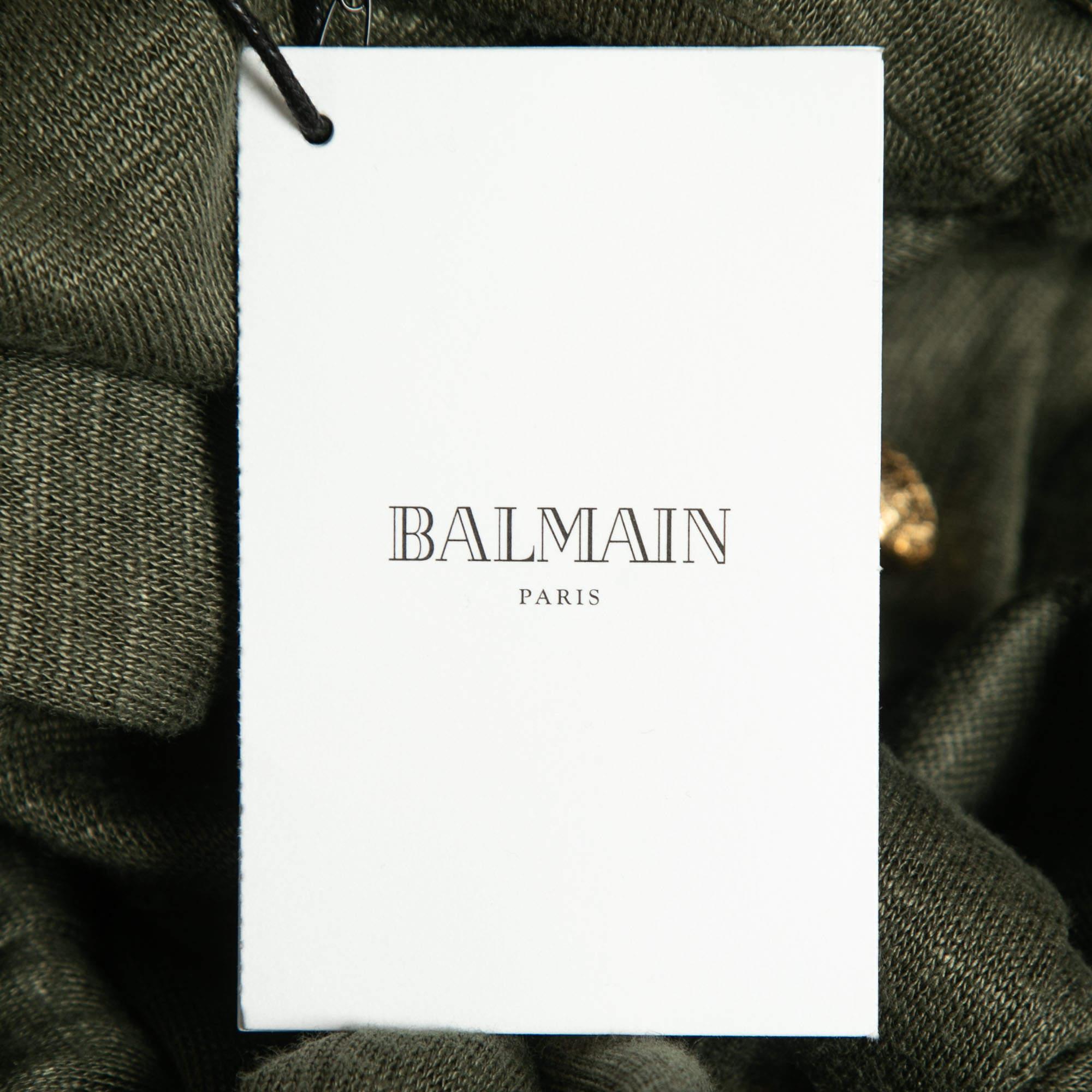 Balmain Kaki Green Knit Button-Embellished Belted Mini Dress M in vendita 1