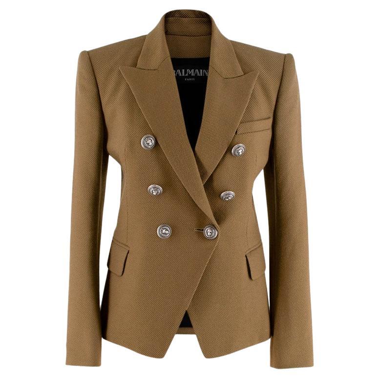 Balmain Khaki Textured Pique 6 Button Blazer - US 4 For Sale