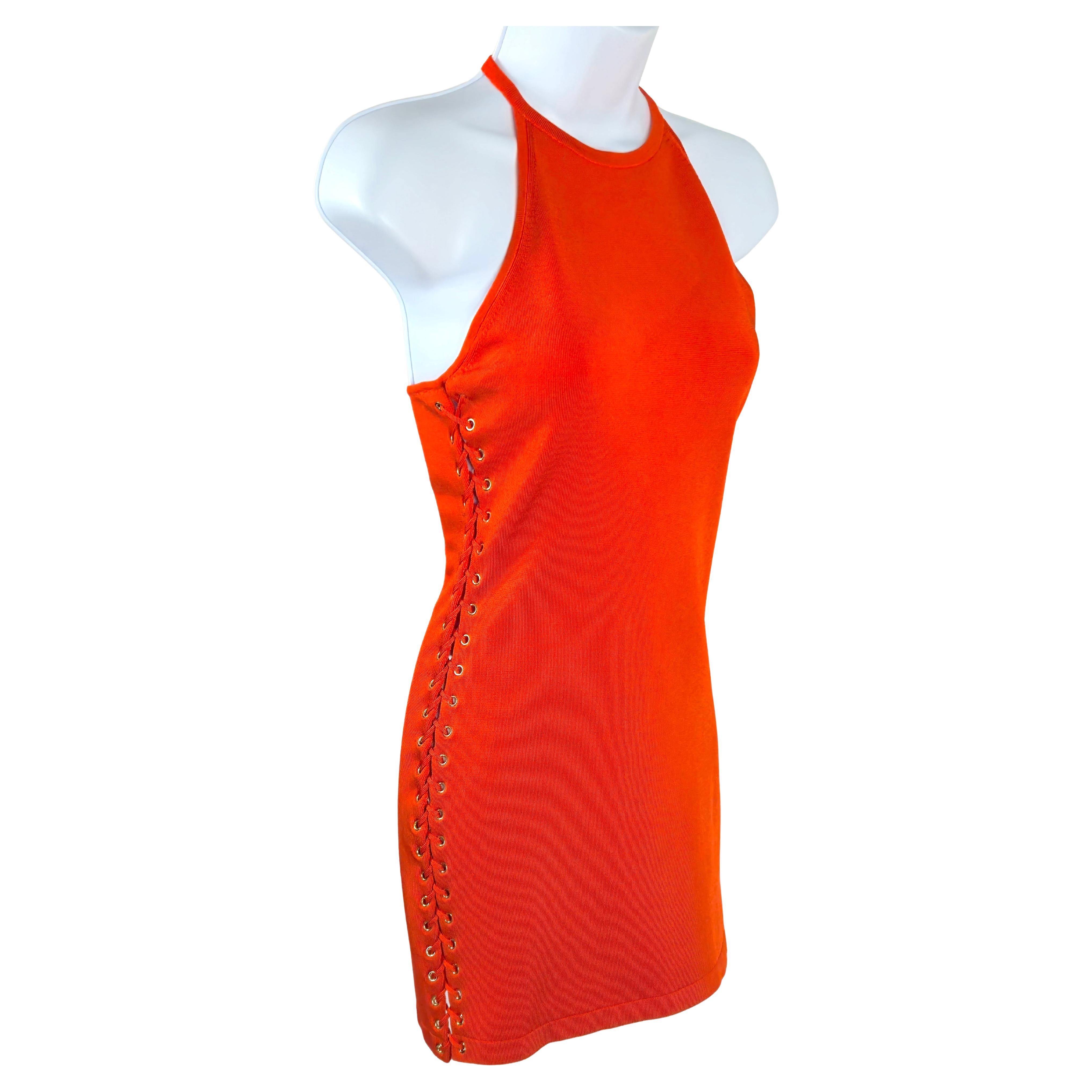 Balmain Knit PeekABoo SideLaceUpGrommets GoldBoldZip RedOrange Halter Mini Dress For Sale