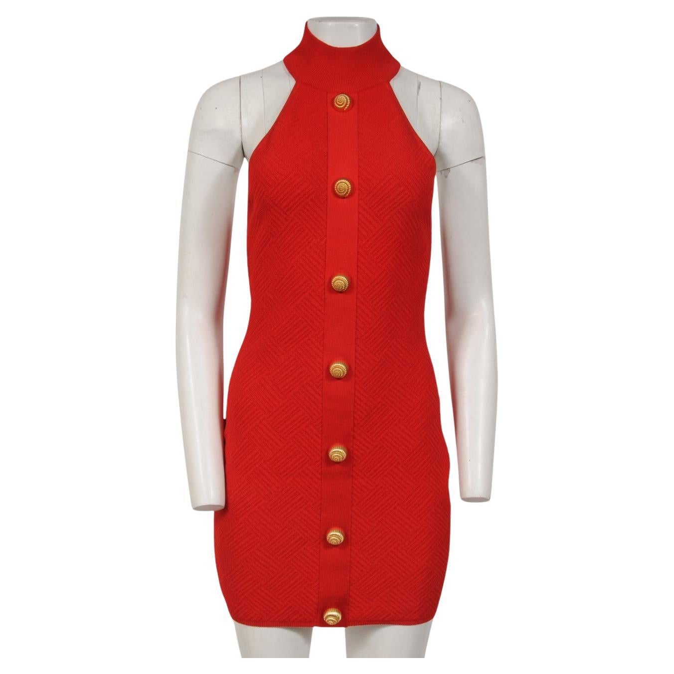 Balmain Knitted Halter Neck Mini Dress Red Size FR 38 Gold Button Sleeveless