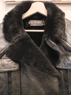 Balmain Vintage Black Leather Shearling Cropped Aviator Jacket XS