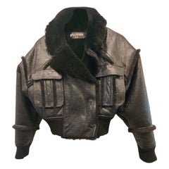 Balmain Vintage Black Leather Shearling Cropped Aviator Jacket XS