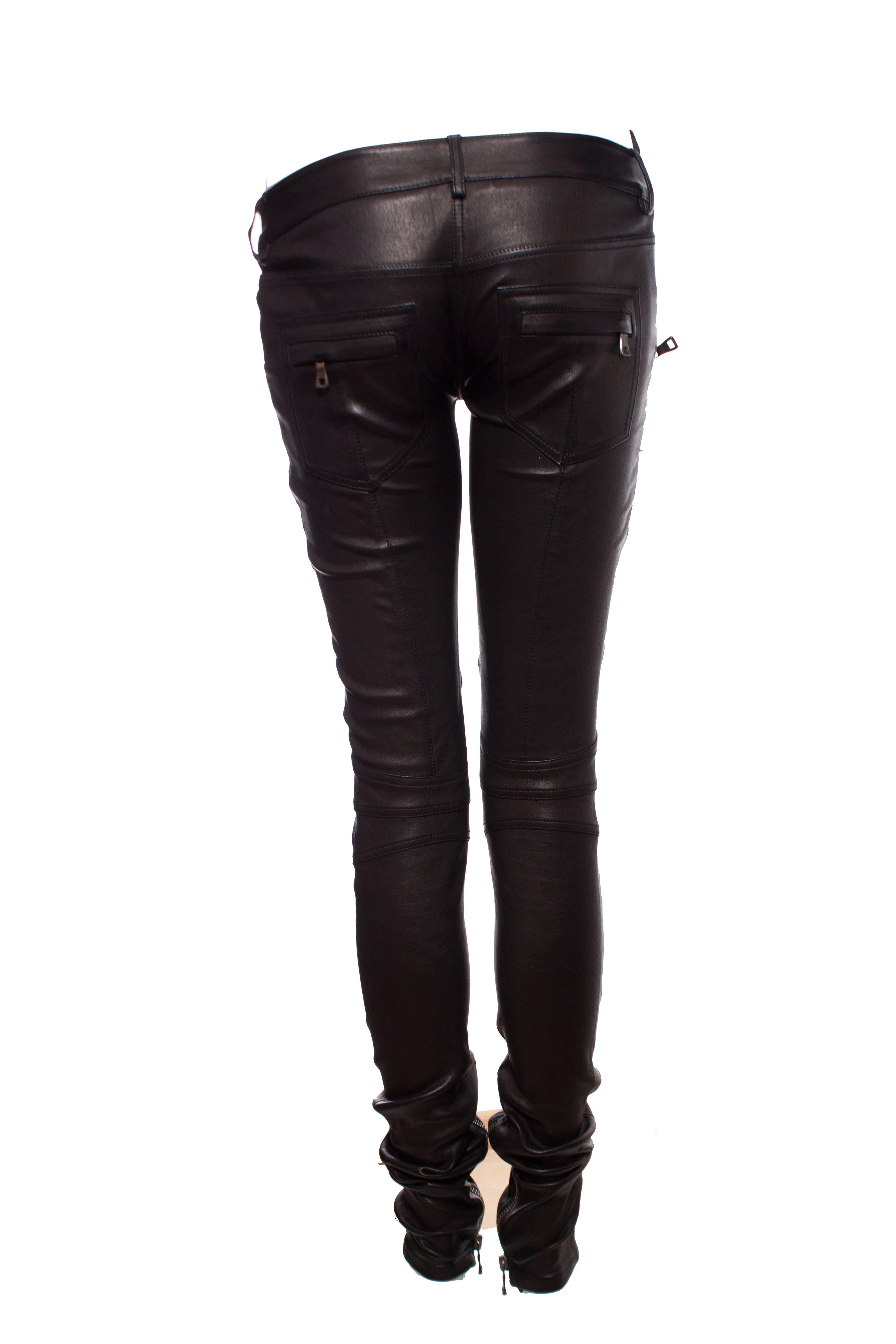Black Balmain, leather biker trousers in black. For Sale
