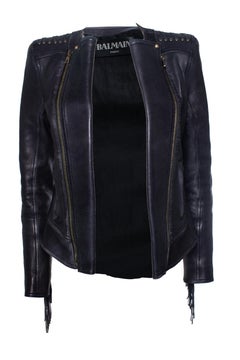 Balmain, leather laced biker jacket with fringes