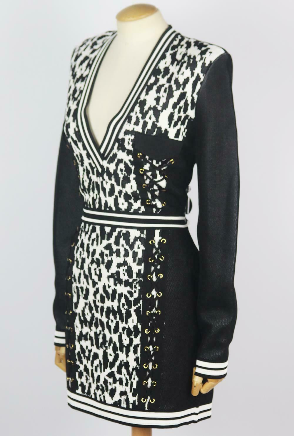 Black Balmain Leopard Jacquard Knit Mini Dress