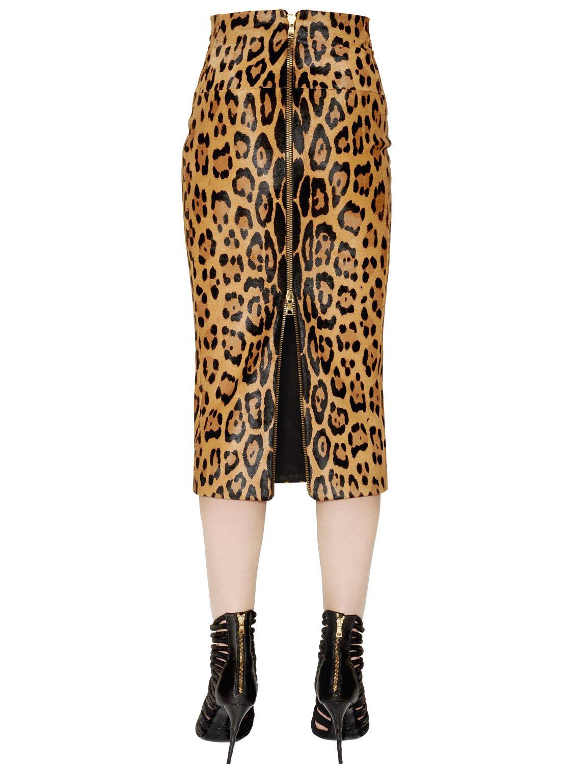 Balmain Leopardendruck Kalbshaar Midi-Bleistiftrock US6 (Braun)