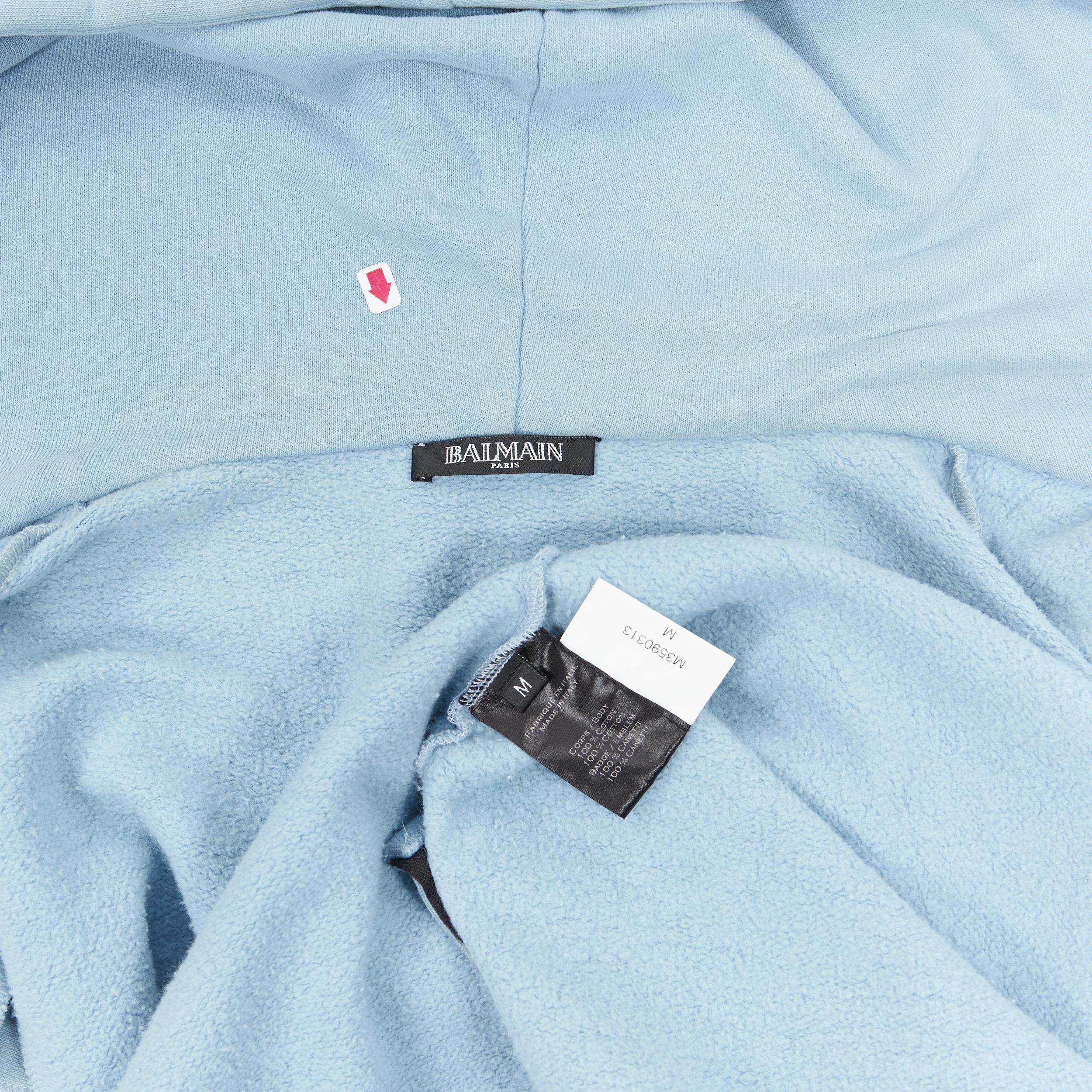 BALMAIN light blue cotton raw cut embroidery patch heavy zip hooded vest M 6
