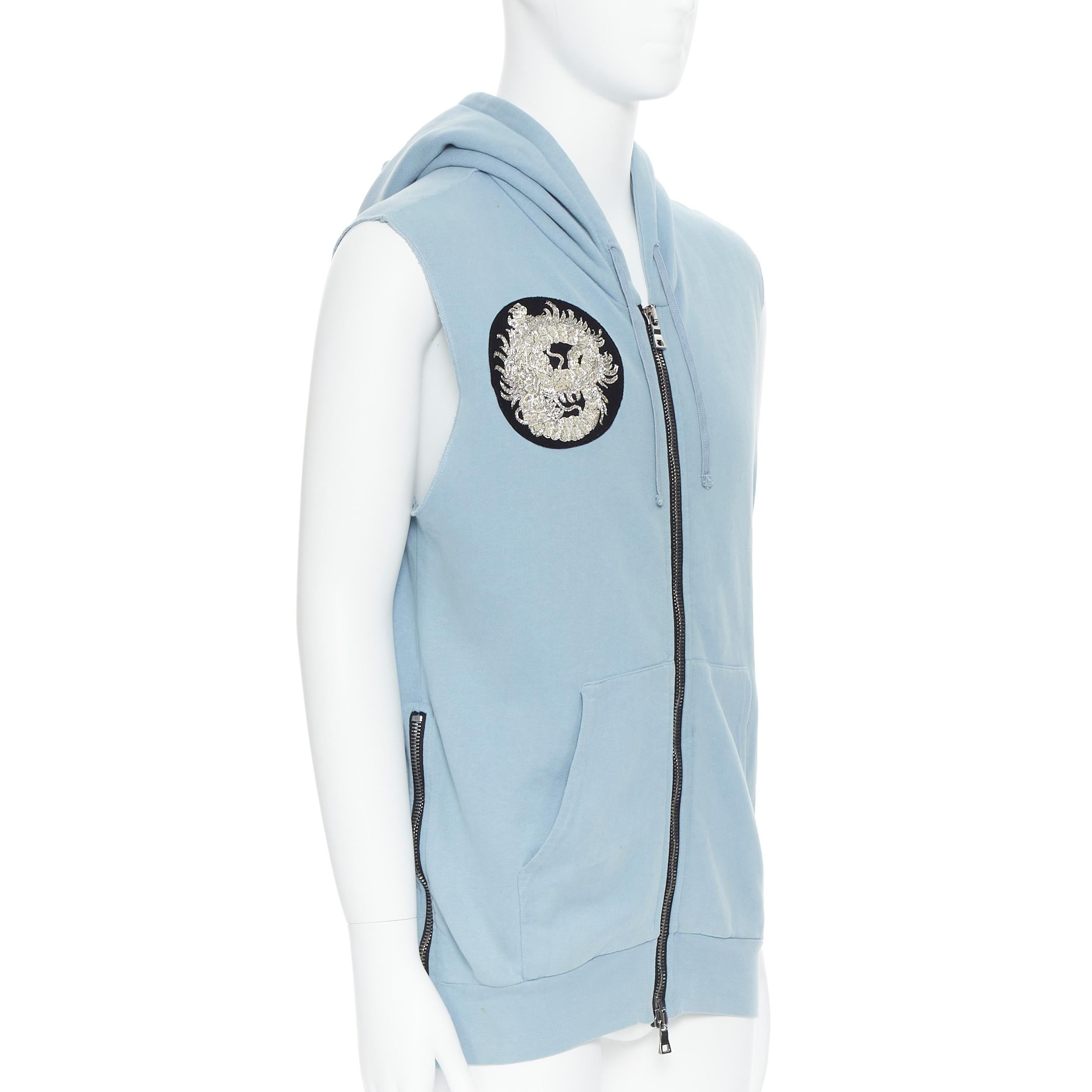 BALMAIN light blue cotton raw cut embroidery patch heavy zip hooded vest M In Fair Condition In Hong Kong, NT