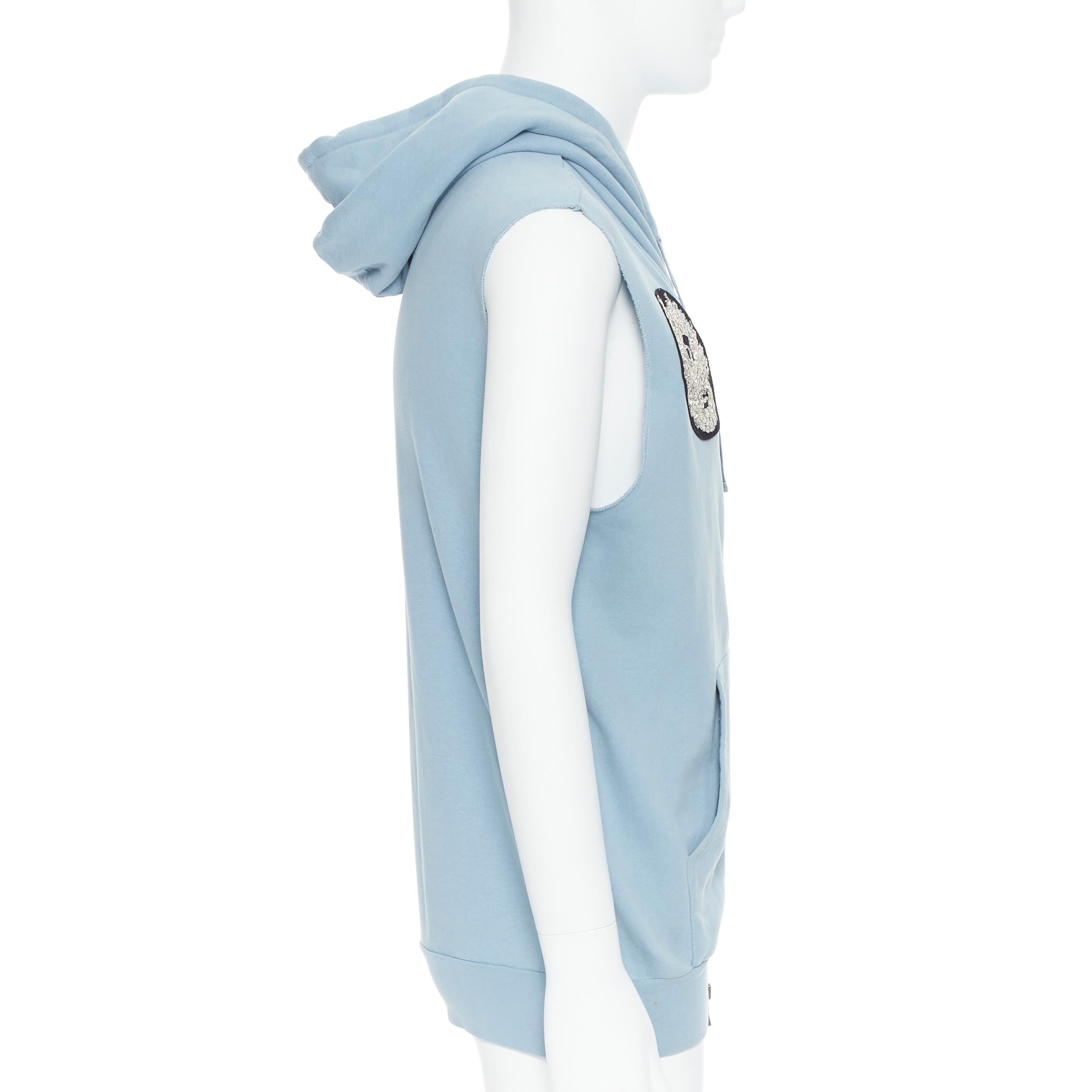 Men's BALMAIN light blue cotton raw cut embroidery patch heavy zip hooded vest M