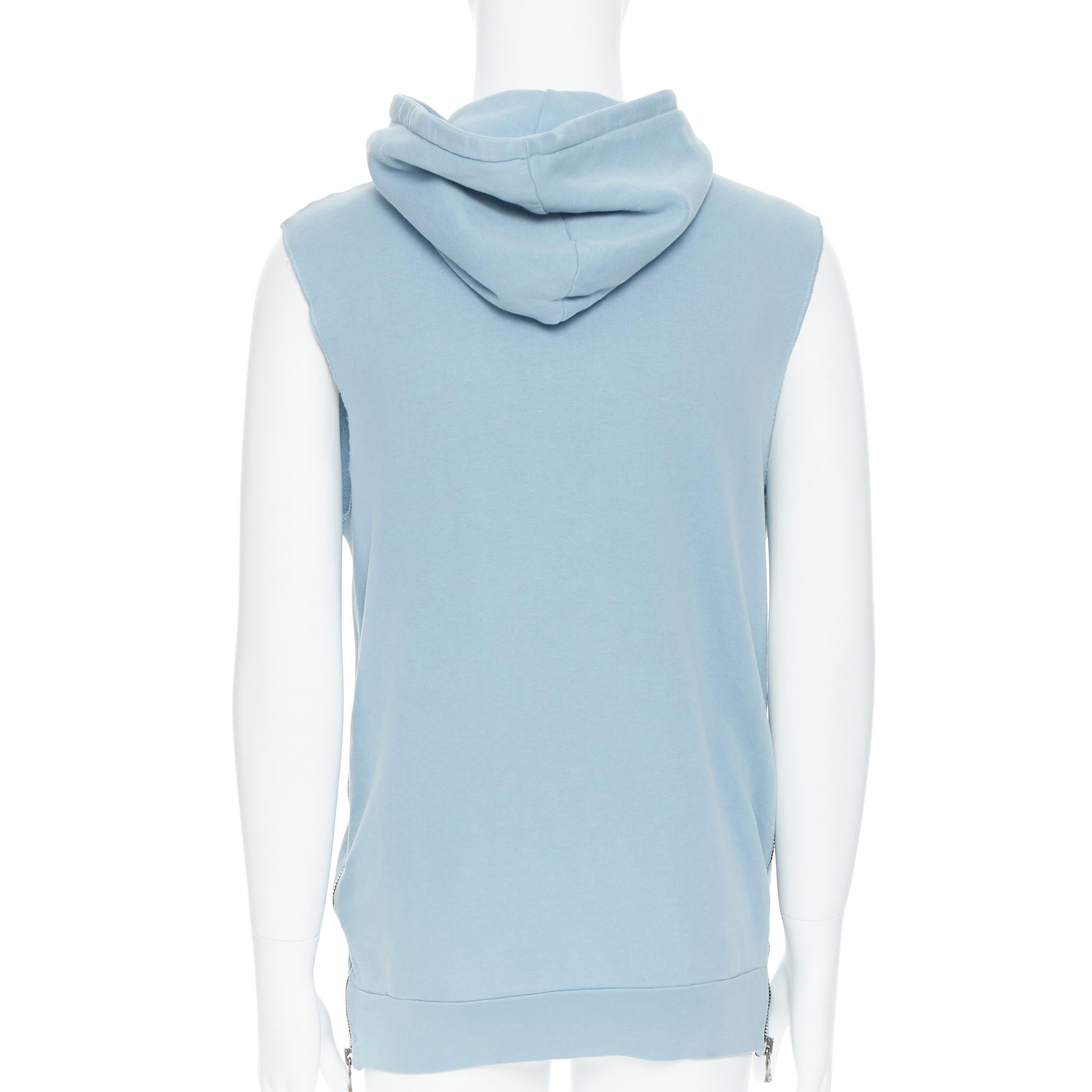BALMAIN light blue cotton raw cut embroidery patch heavy zip hooded vest M 1