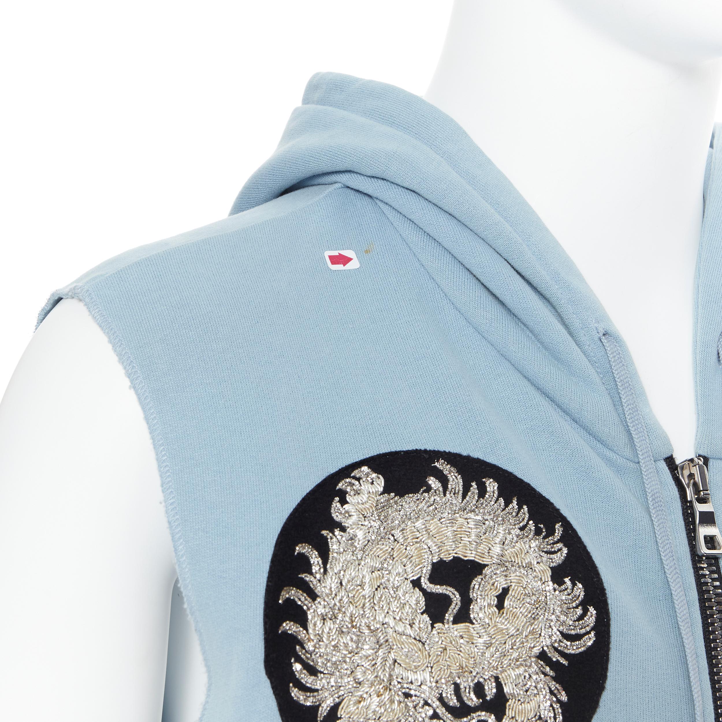 BALMAIN light blue cotton raw cut embroidery patch heavy zip hooded vest M 4