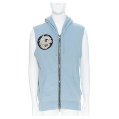 BALMAIN light blue cotton raw cut embroidery patch heavy zip hooded vest M