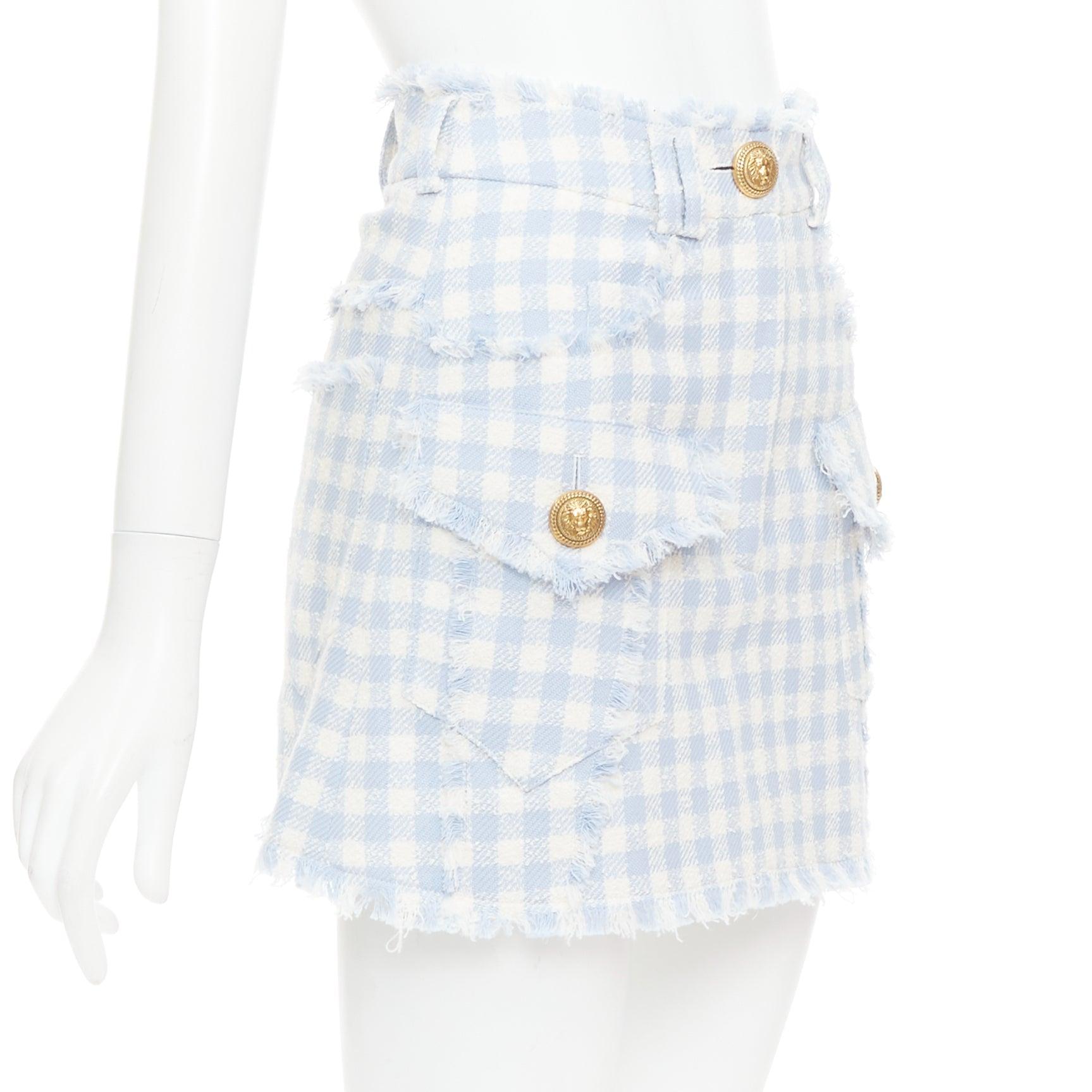Gray BALMAIN light blue white checked cotton tweed cargo pocket skirt FR34 XS For Sale