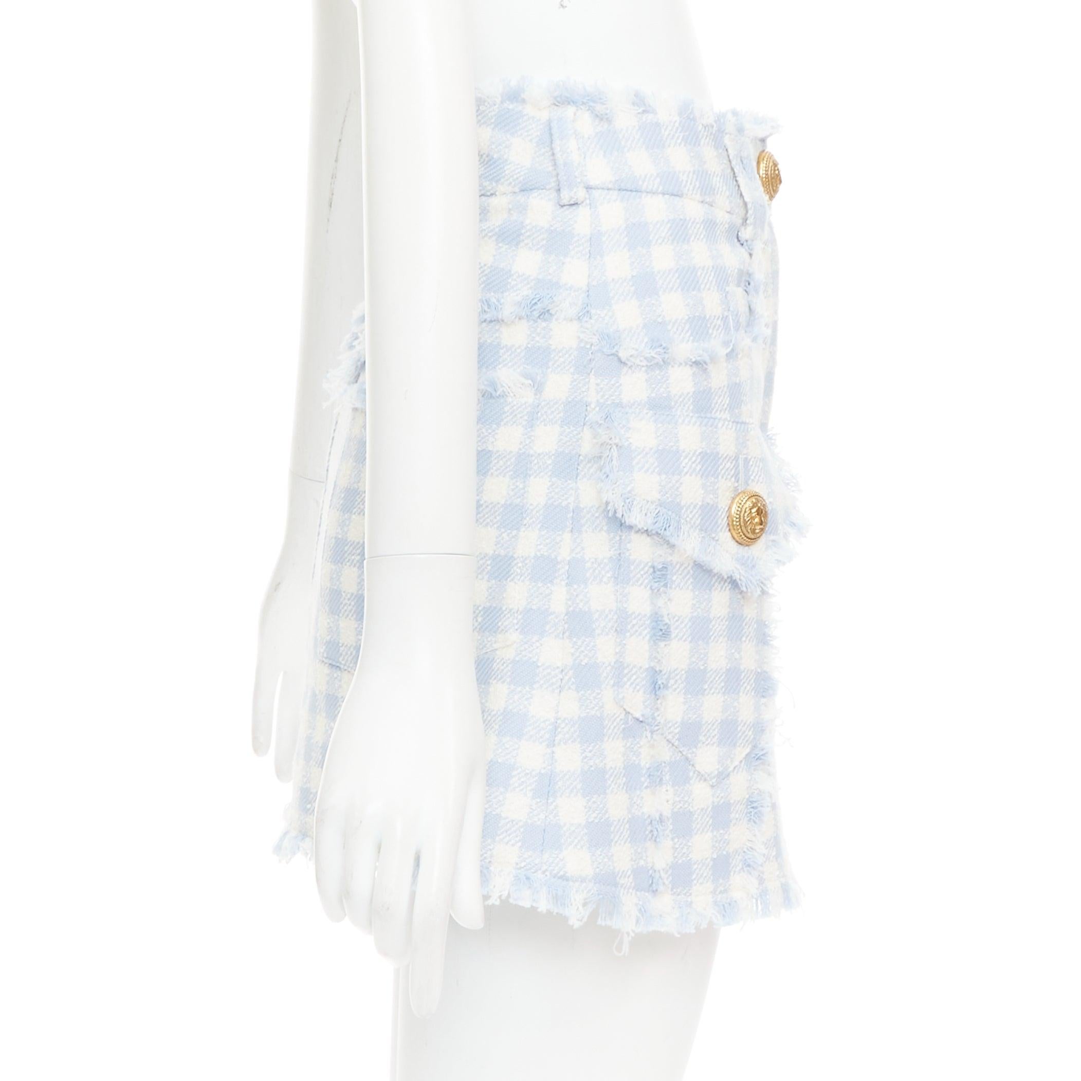 BALMAIN light blue white checked cotton tweed cargo pocket skirt FR34 XS In Excellent Condition For Sale In Hong Kong, NT