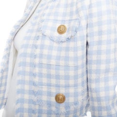 BALMAIN light blue white plaid tweed trim 4 pocket cropped jacket FR34 XS