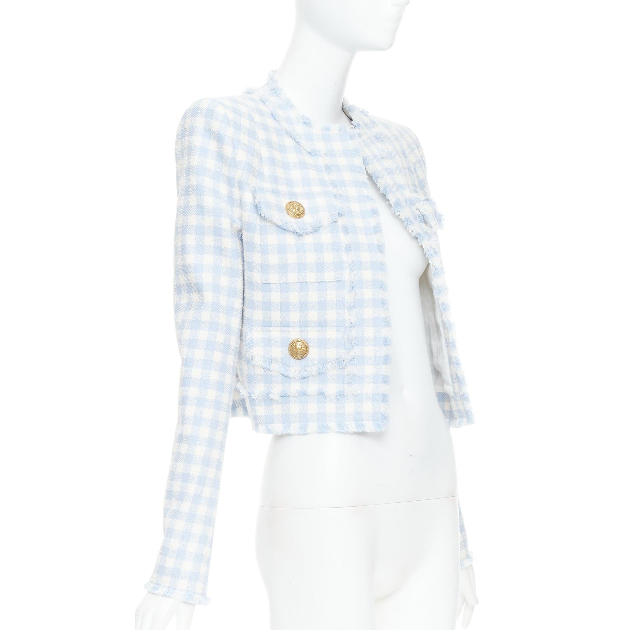 Grigio Balmain giacca cropped 4 tasche in tweed a quadri bianchi e blu chiaro FR34 XS in vendita