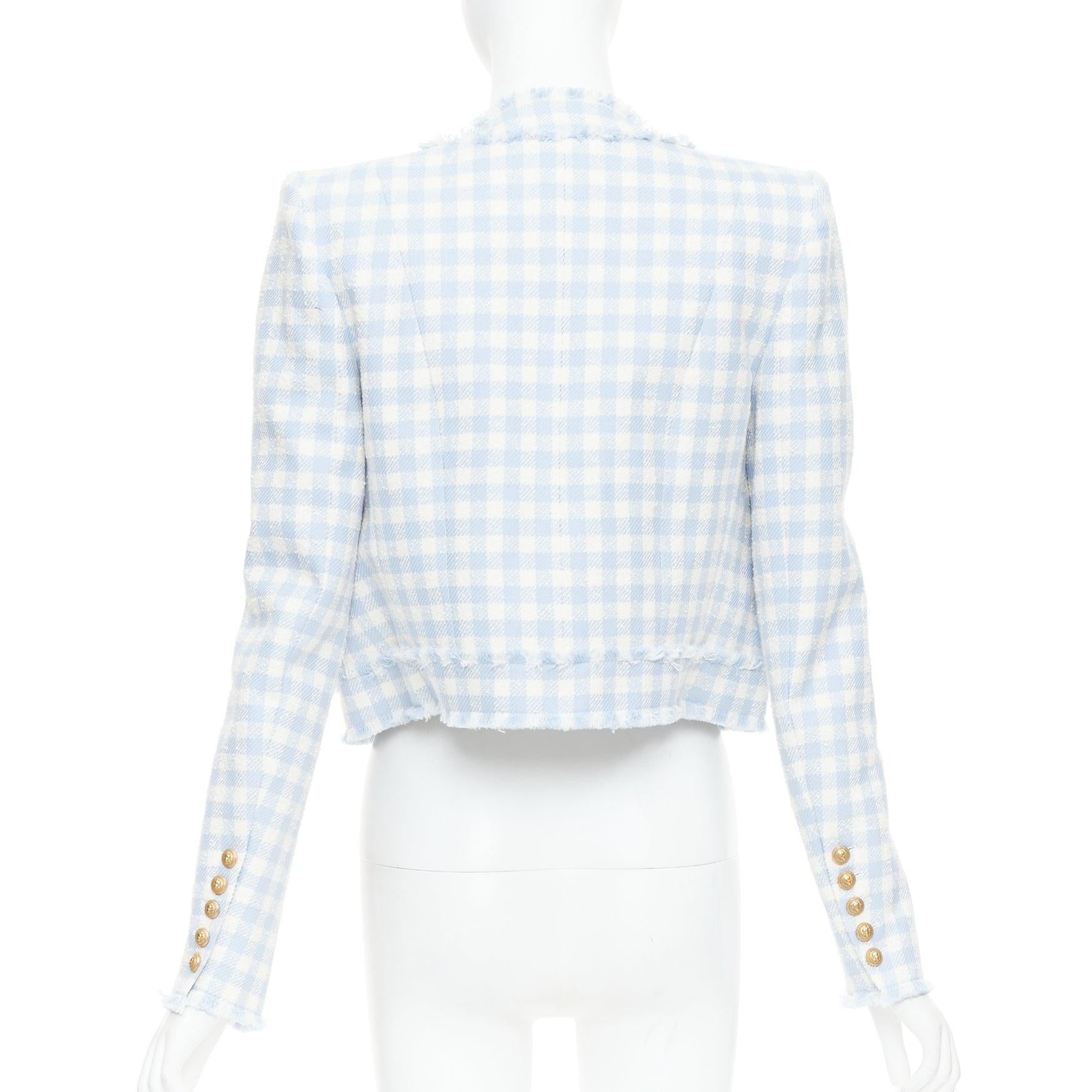 Donna Balmain giacca cropped 4 tasche in tweed a quadri bianchi e blu chiaro FR34 XS in vendita
