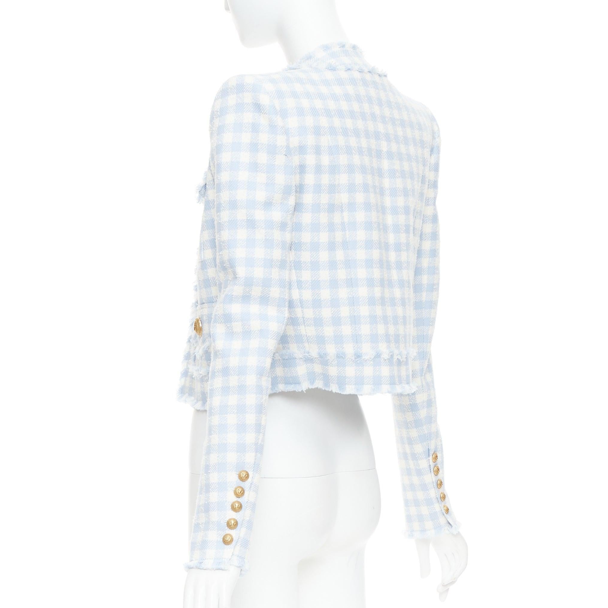Balmain giacca cropped 4 tasche in tweed a quadri bianchi e blu chiaro FR34 XS in vendita 1