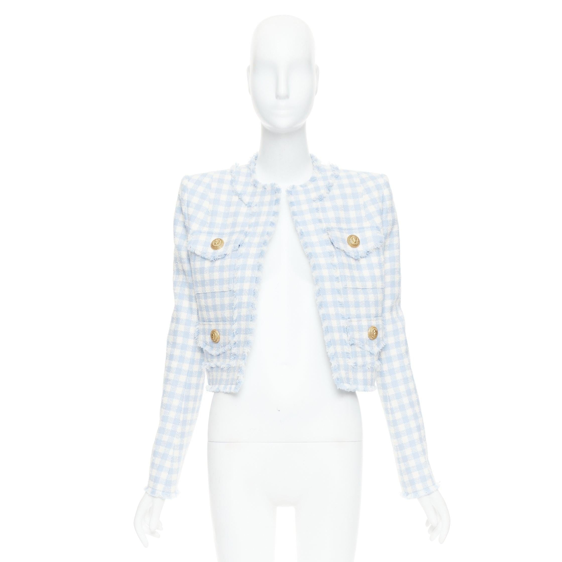 Balmain giacca cropped 4 tasche in tweed a quadri bianchi e blu chiaro FR34 XS in vendita 4