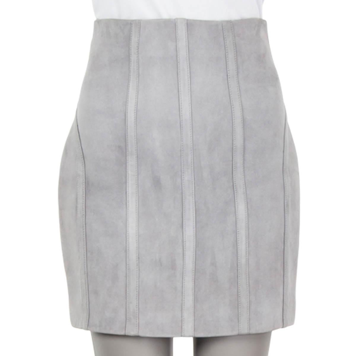Gray BALMAIN light grey suede 2016 VERTICAL SEAMS MINI Skirt 36 XS For Sale