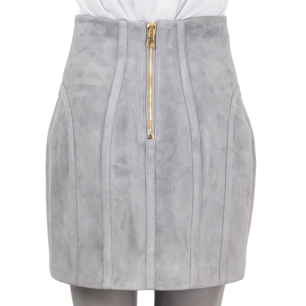 Women's BALMAIN light grey suede 2016 VERTICAL SEAMS MINI Skirt 36 XS For Sale