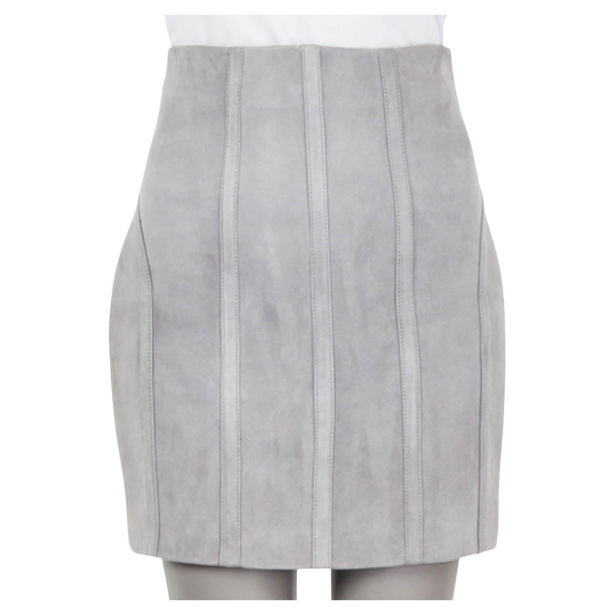 BALMAIN light grey suede 2016 VERTICAL SEAMS MINI Skirt 36 XS For Sale