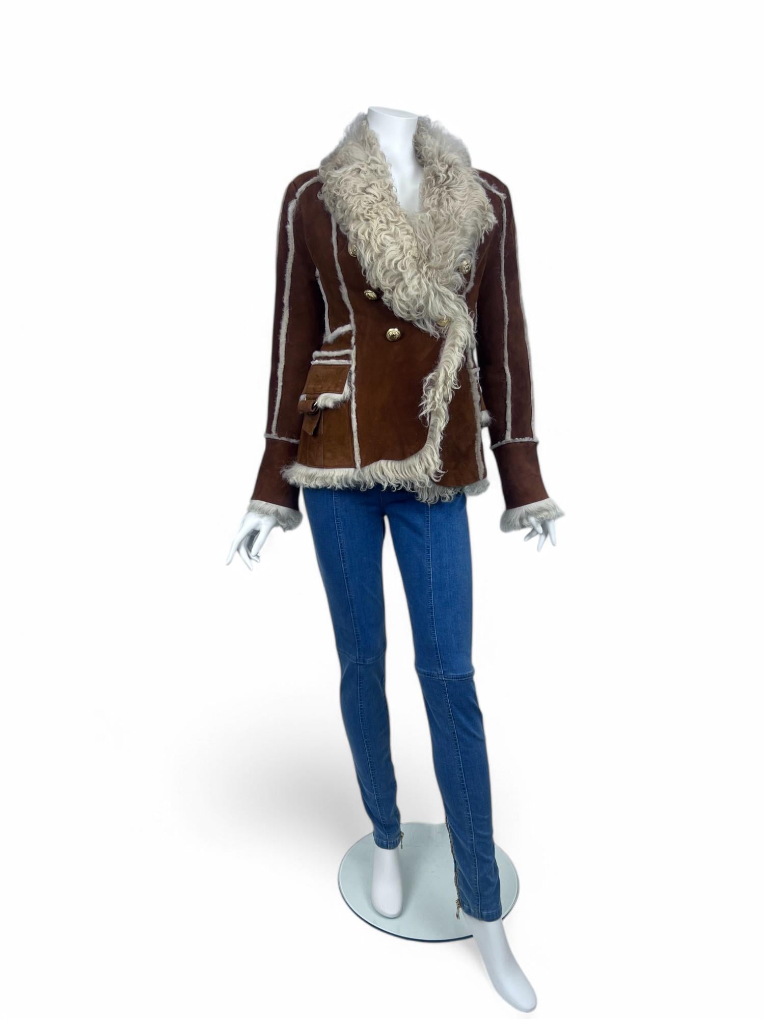 Brown Balmain Logo Buttons Shearling Jacket Sz: 38 For Sale