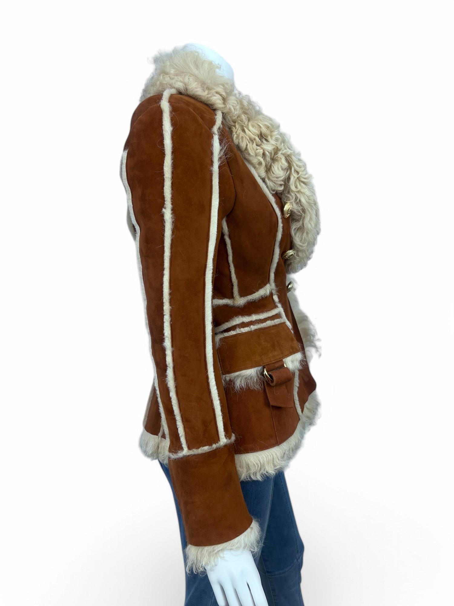 Balmain Logo Buttons Shearling Jacket Sz: 38 For Sale 3