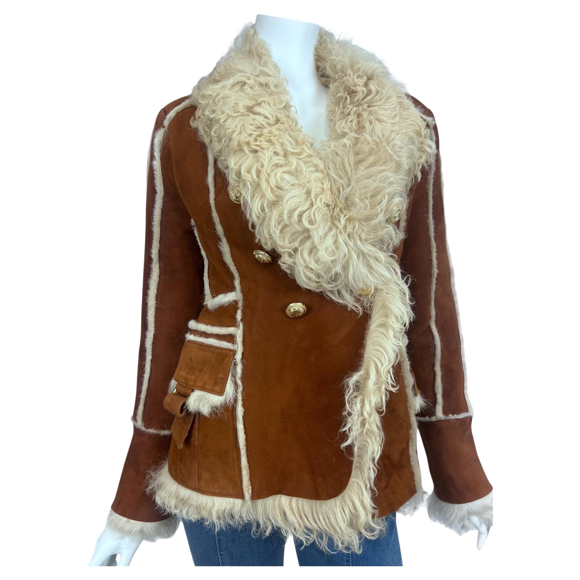Balmain Logo Buttons Shearling Jacket Sz: 38 For Sale